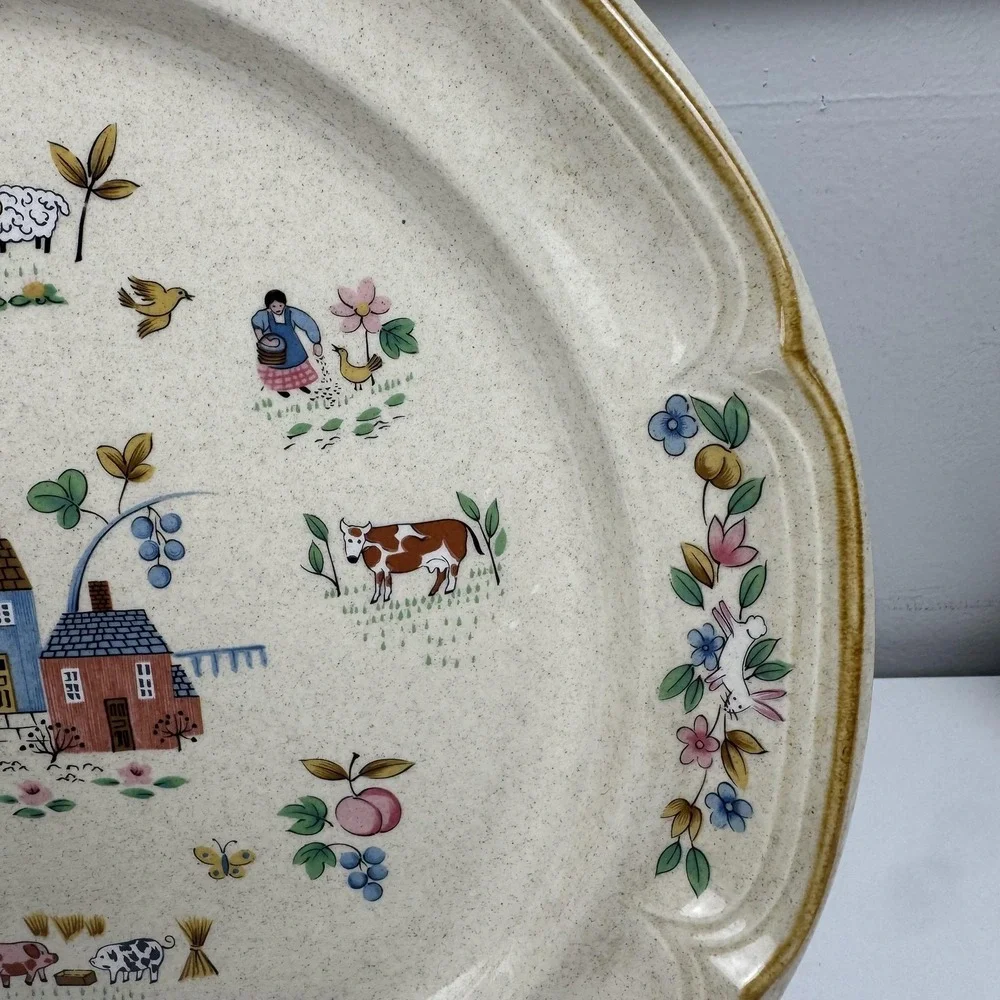 Vintage International China Heartland Chop Plate Large Beige Farm Scene Japan - Picture 4 of 10
